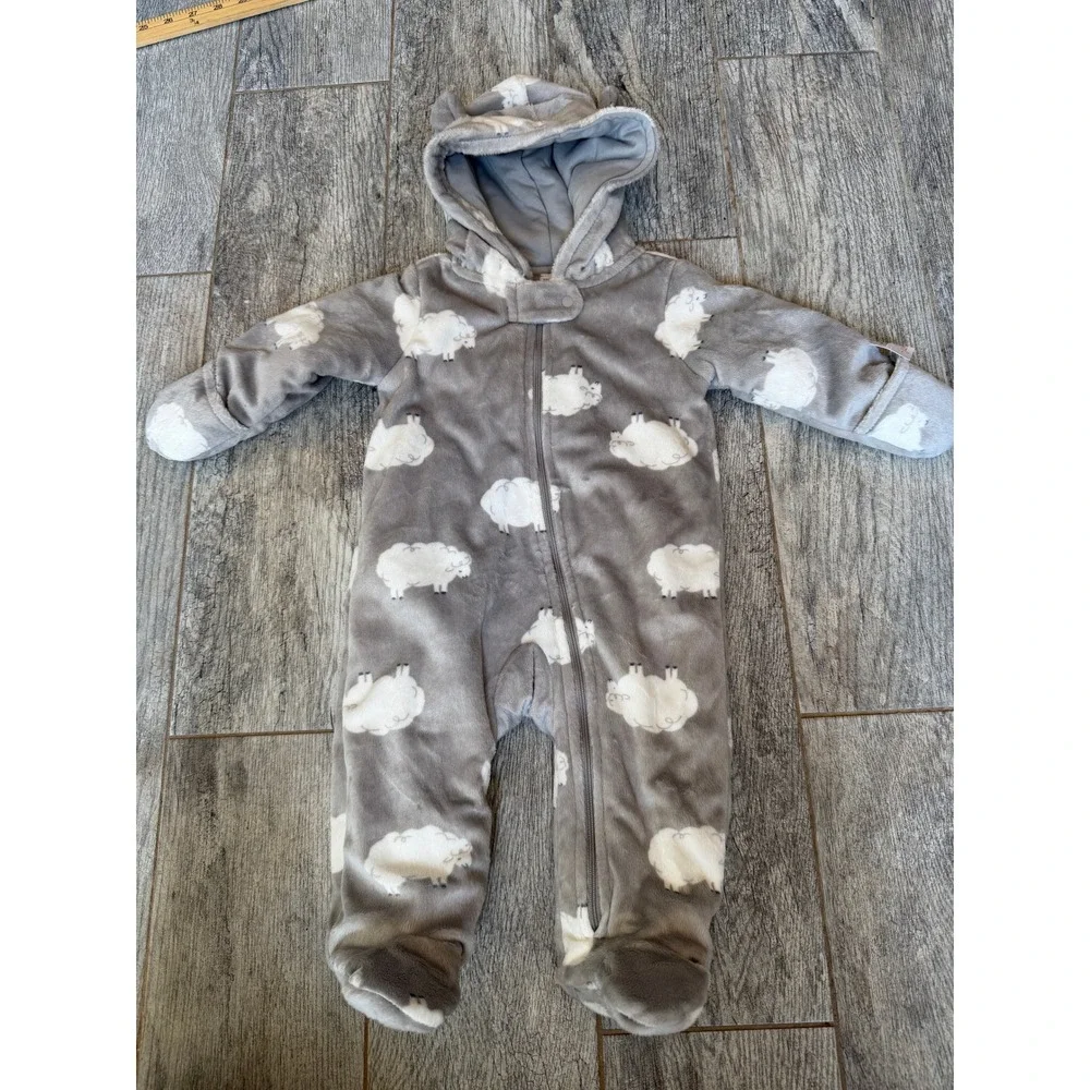 Carters Pram Suit Snowsuit 6 Months 6M Grey Sheep Fleece Hooded Footed NWT Baby